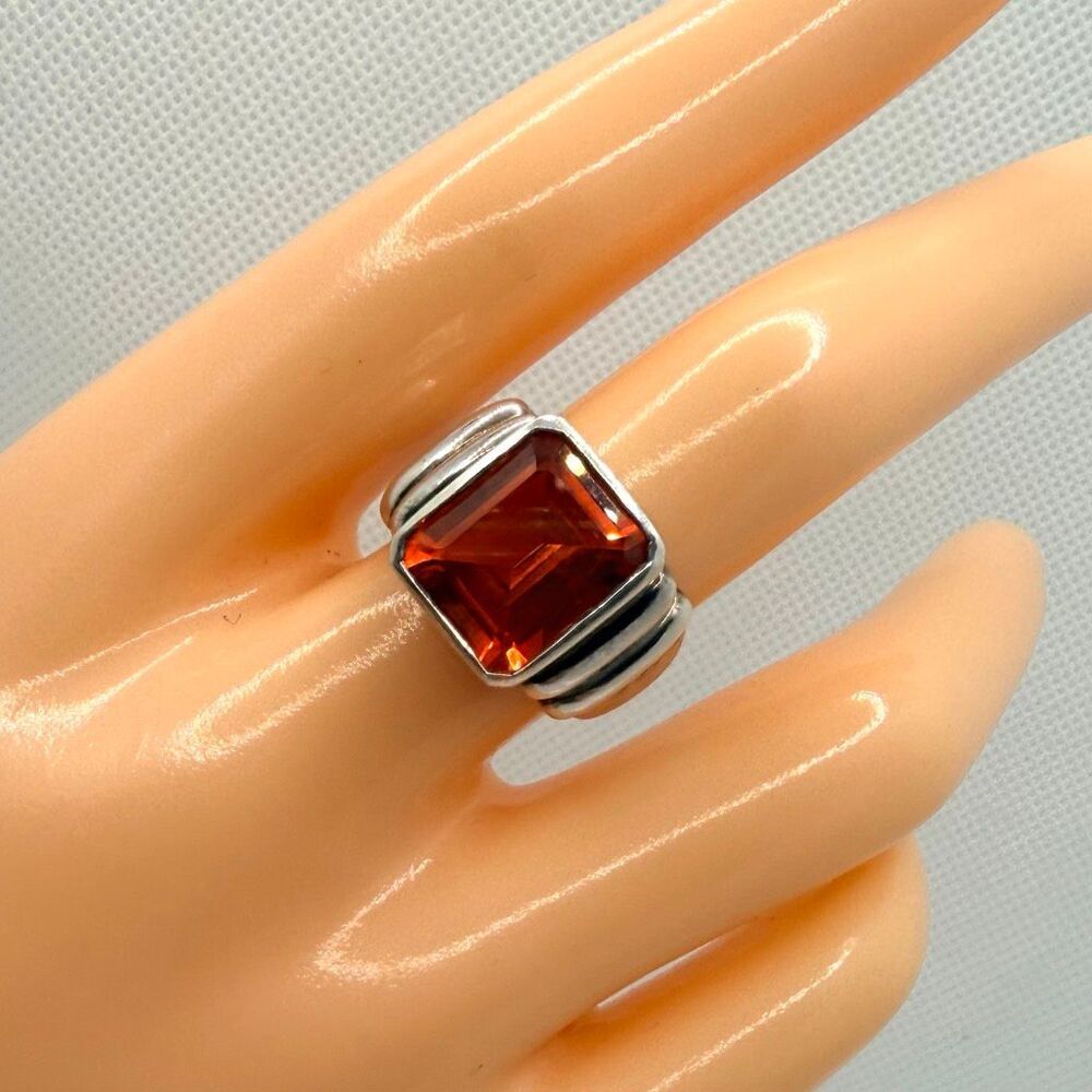 CID Clyde Duneier 925 Sterling Silver Emerald Cut Orange Gemstone Statement Ring